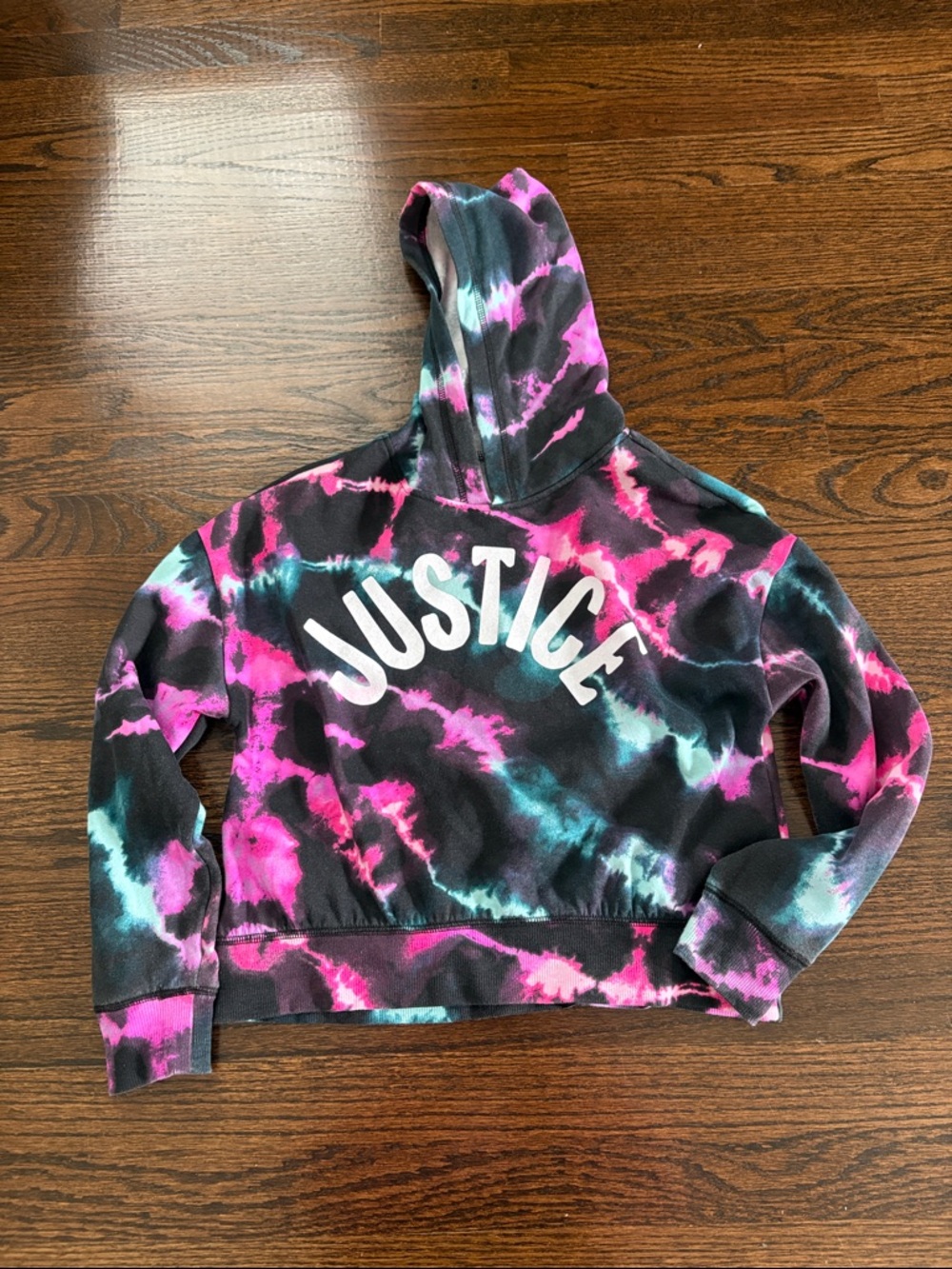 Justice Tie-Dye Cropped Hoodie in Pink, Teal & Black